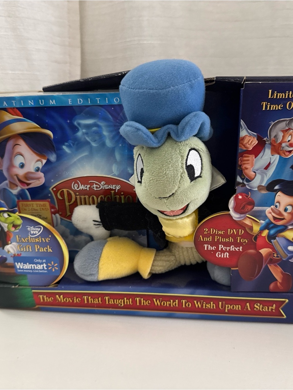 Disney Jiminy Cricket Plush Toy & Pinocchio DVD Gift Set - Blue, Yellow, Green